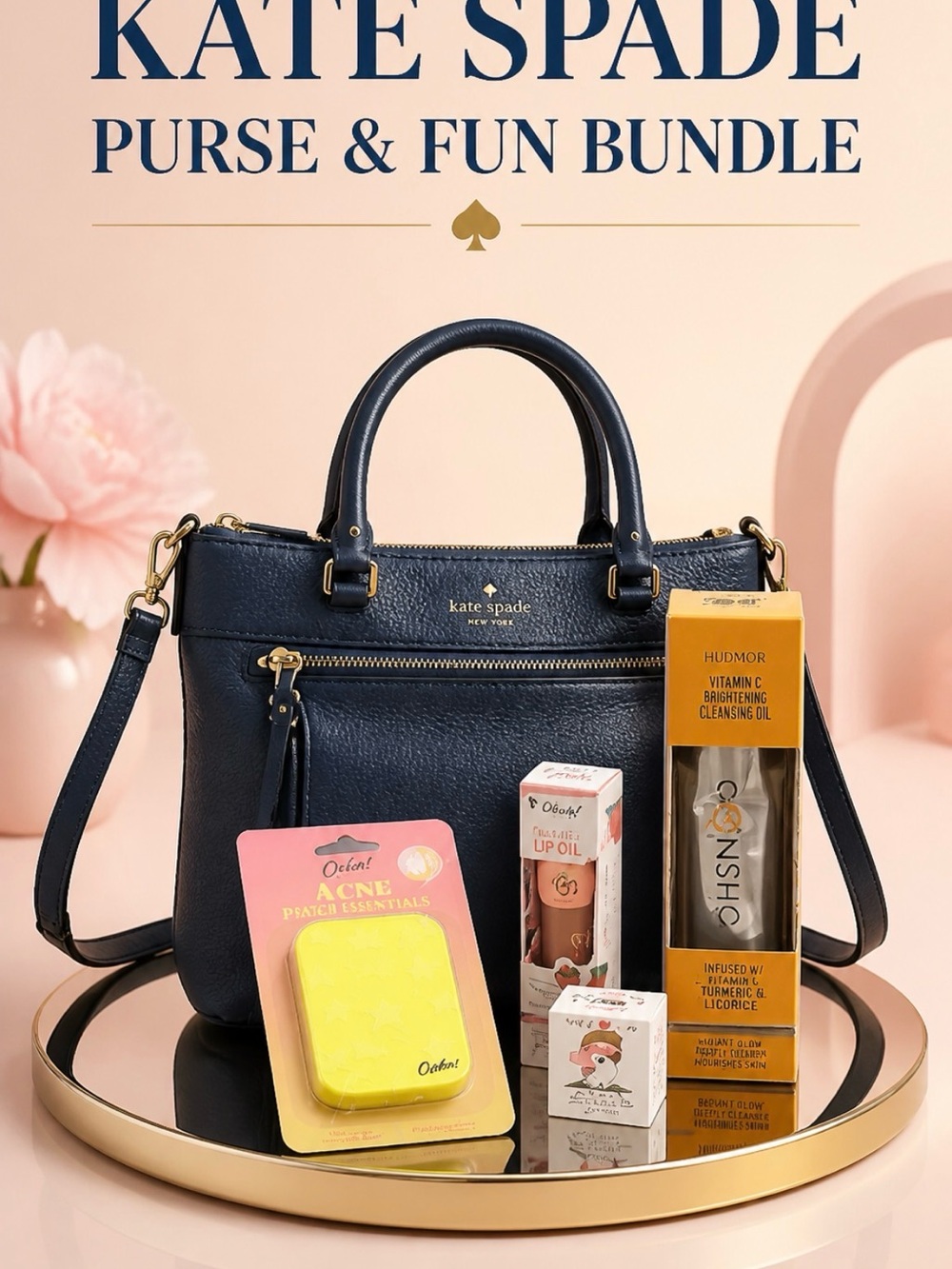 kate spade Navy Leather Shoulder Satchel with Gold Hardware and accessory bundle